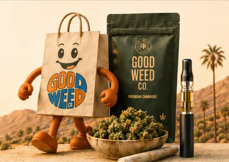 The Good Weed Co bag mascot with flower, a vape and a desert sunset